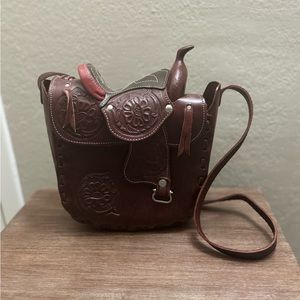 Vintage Horse Saddle Tooled Leather Crossbody Handbag